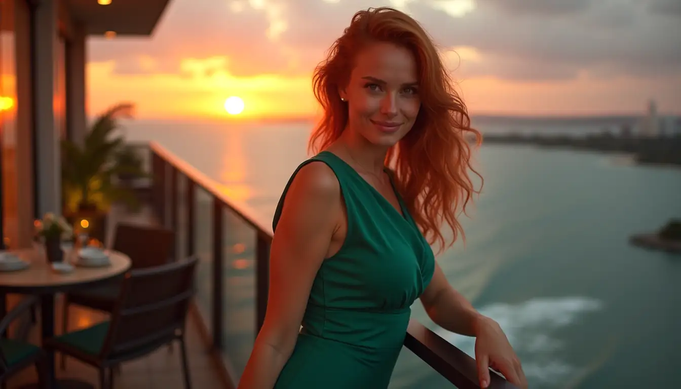 Red-haired woman smiling with Gold Coast sunset and online pokies ambience