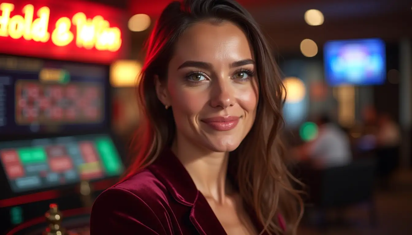 Confident woman with inviting smile in an Adelaide night-time casino-themed interior